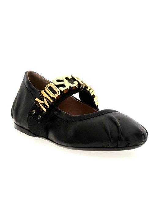 Moschino Black Logo-Lettering Leather Ballerina Shoes