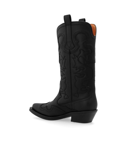 Ganni Black Cowboy Boots With A Pattern