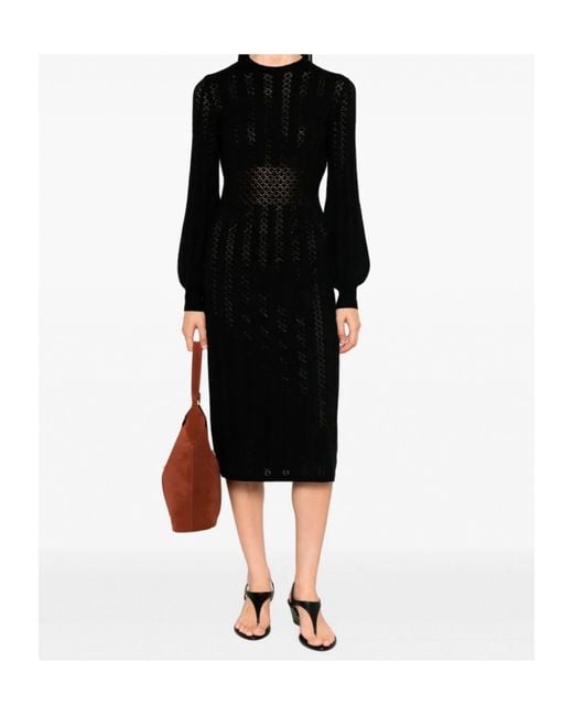 Twinset Black Pointelle-Knit Long-Sleeve Dress