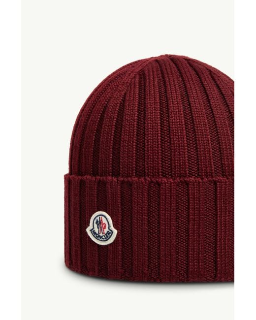 Moncler Red Logo Patch Ribbed Beanie