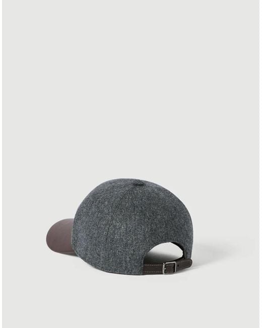 Brunello Cucinelli Gray Virgin-Wool Flannel And Nappa-Leather Baseball Cap With Shiny Band