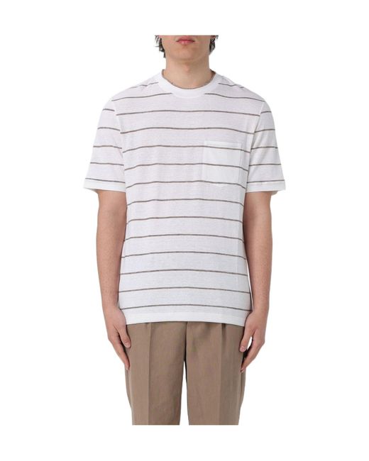 Brunello Cucinelli White Crew-Neck Striped T-Shirt for men