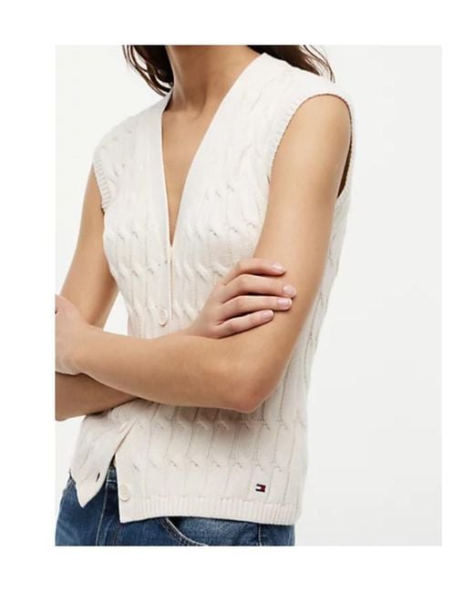Tommy Hilfiger White Cable-Knit Sleeveless Cardigan