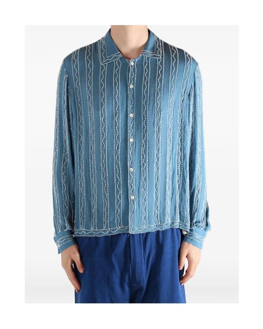 Bode Blue Collared Long-Sleeved Shirt for men