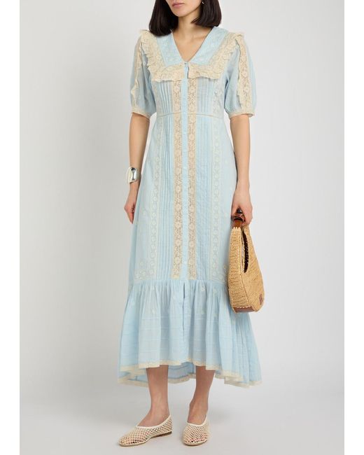 Rixo Blue Lace-Trim Cotton Midi Dress