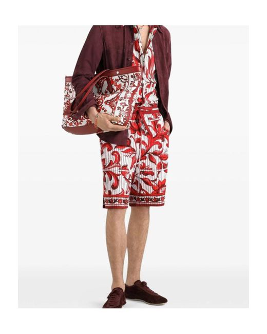 Dolce & Gabbana Red Majolica-Print Striped Poplin Vanity Bermudas for men