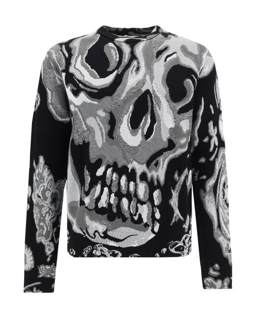 McQueen Black Skull Intarsia-Knit Crewneck Jumper for men