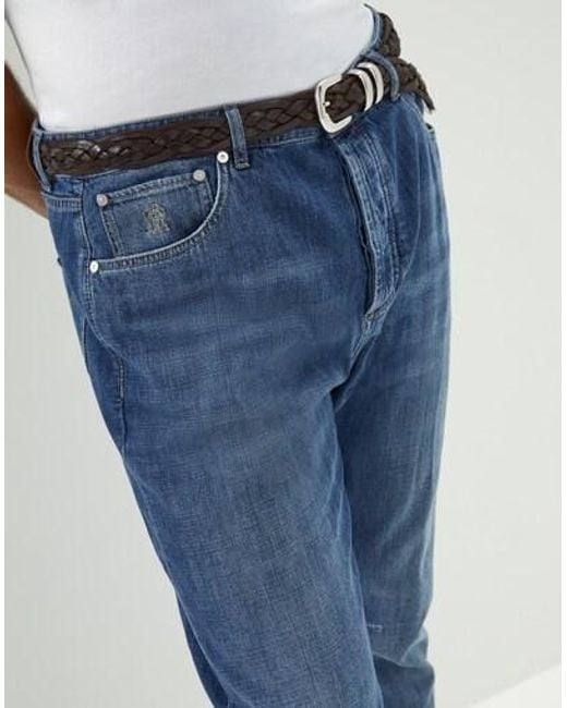 Brunello Cucinelli Blue Logo Patch Straight-Leg Jeans for men