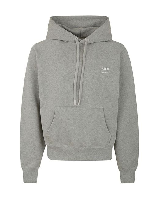 AMI Gray Ami De Coeur Logo-Printed Drawstring Hoodie for men