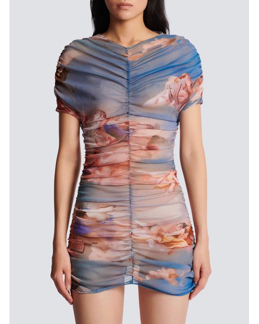 Balmain Blue Sky Printed Gathered Tulle Dress