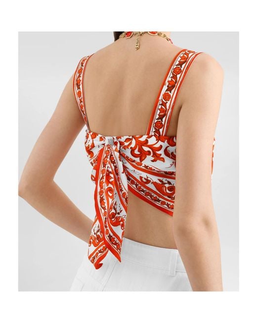 Dolce & Gabbana Red Majolica-Print Silk Twill Bustier Top