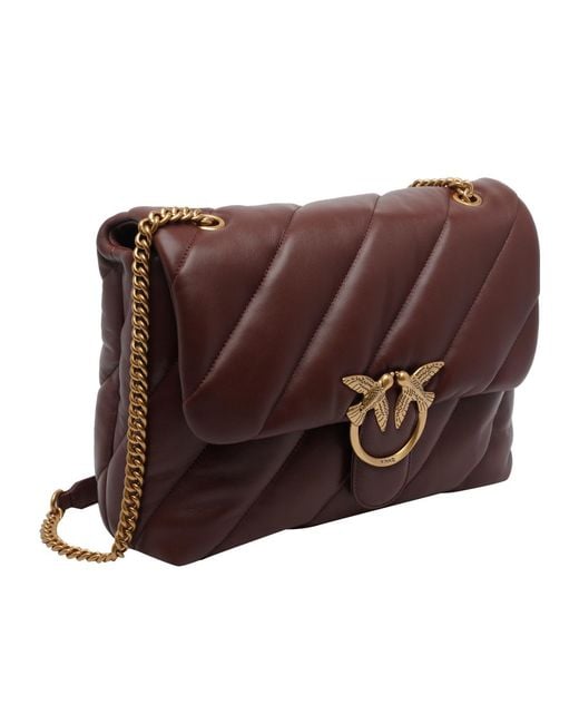 Pinko Brown Love Big Puff Chain-Linked Shoulder Bag