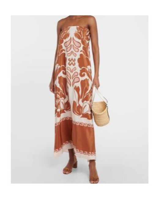 Adriana Degreas Natural Printed Strapless Silk Maxi Dress