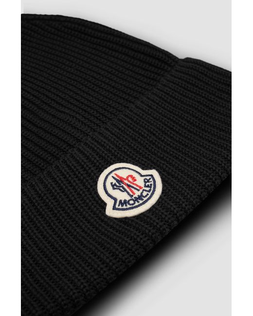 Moncler Black Logo Patch Knitted Beanie for men