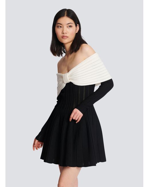 Balmain Black Off-The-Shoulder Skater Dress