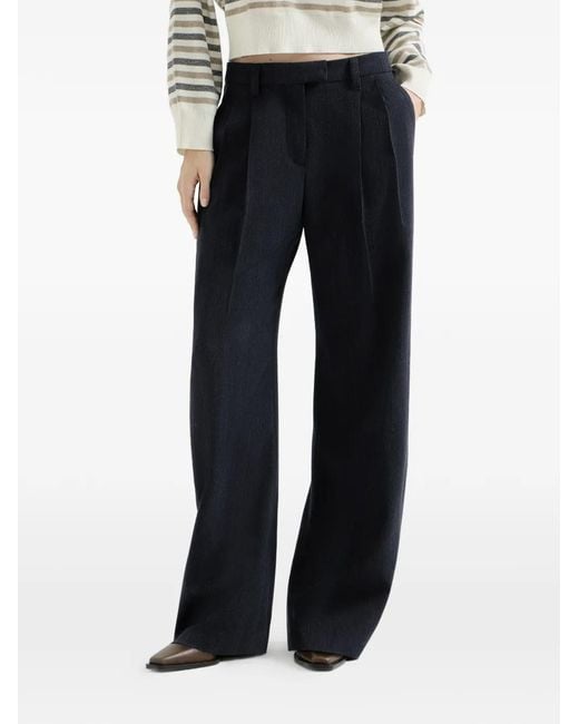 Brunello Cucinelli Blue Virgin Wool Crêpe Chevron Tailored Barrel Trousers With Monili