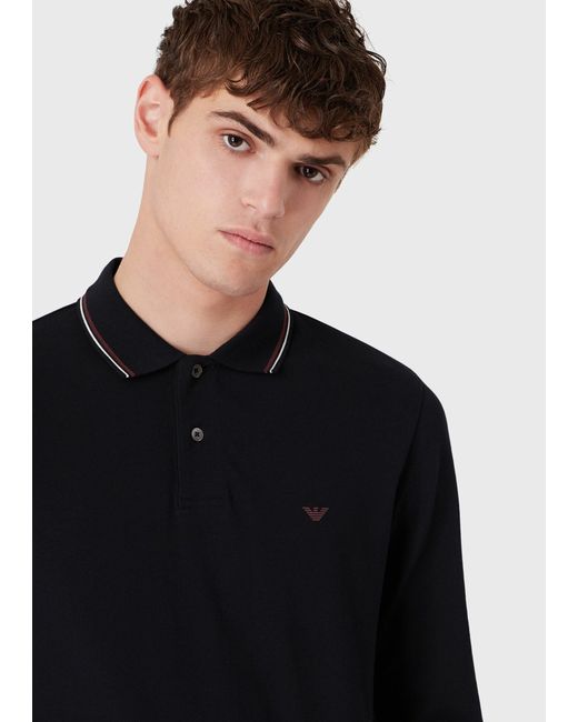 Emporio Armani Blue Micro Eagle Embroidered Long-Sleeved Stretch Pique Polo Shirt for men