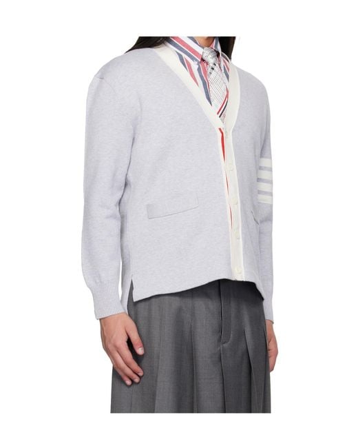Thom Browne White Crest Intarsia Jacquard-Bar Rugby Fit Cardigan for men