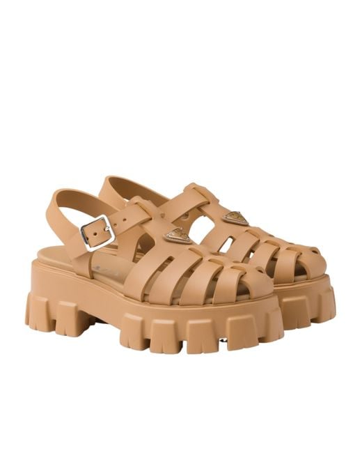 Prada Brown Foam Triangle-Logo Ankle Strapped Sandals