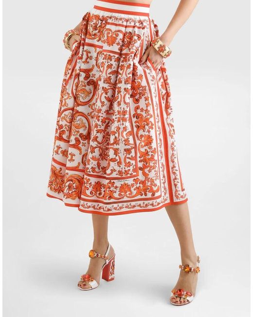 Dolce & Gabbana Red Majolica-Printed Poplin Pleated Midi Skirt