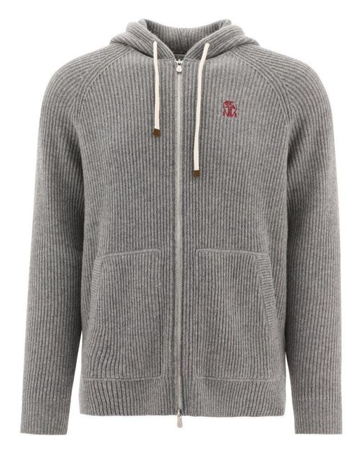 Brunello Cucinelli Gray Embroidered Logo Cashmere Cardigan for men