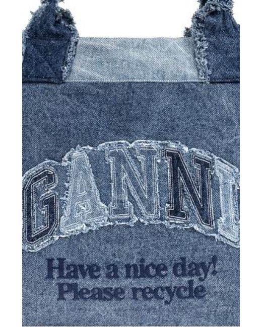 Ganni Blue Patchwork Frayed-Edge Tote Bag