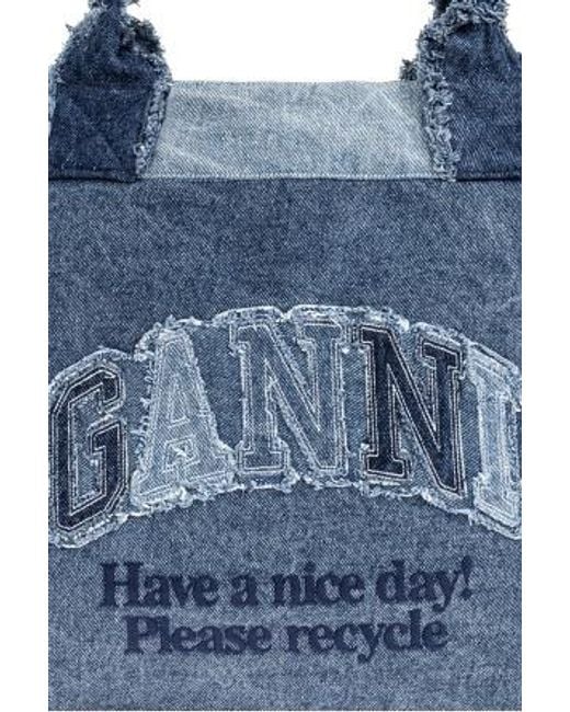 Ganni Blue Patchwork Frayed-Edge Tote Bag