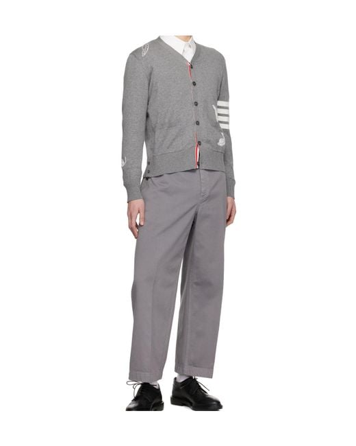 Thom Browne Gray Feather Intarsia-Bar Cardigan for men