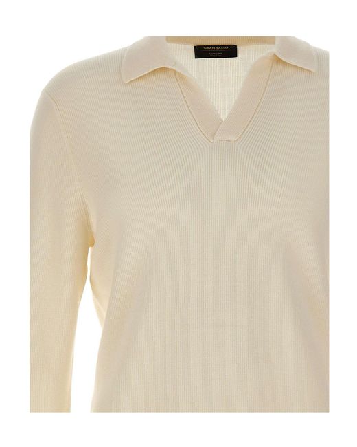 Gran Sasso White Long-Sleeve Knitted Polo Shirt for men