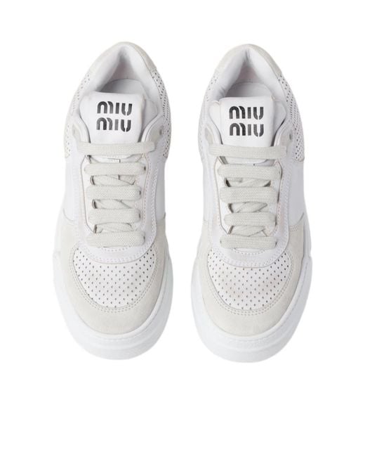 Miu Miu White Bleached Leather And Suede Sneakers