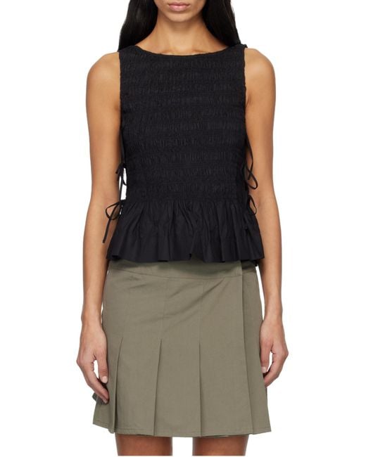 Ganni Black Cotton Smock Tie Top