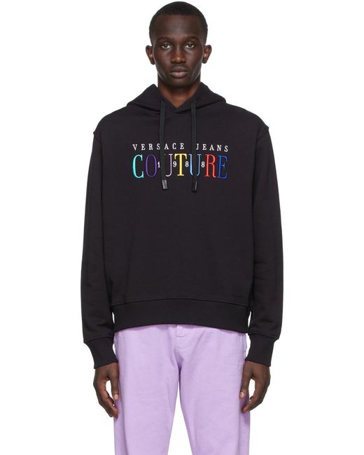 Versace Jeans Black Embroidered-Logo Cotton Hoodie for men