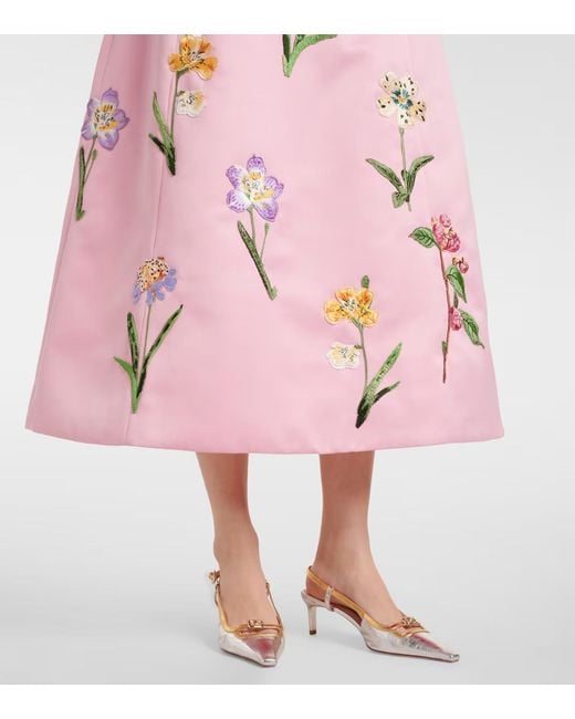 Leo Pink C Floral Embroidered Satin Midi Dress