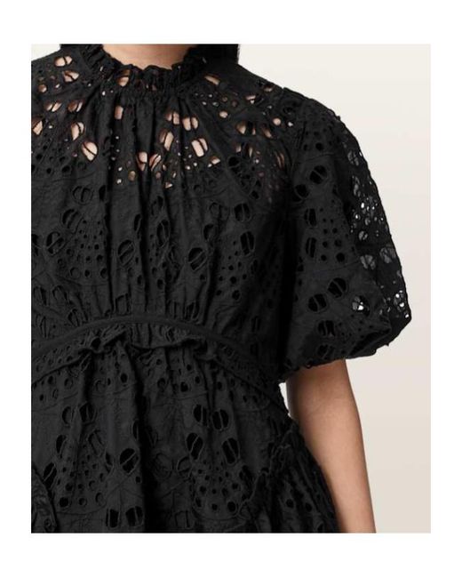 AllSaints Black Odette Broderie-Anglaise Puff-Sleeve Midi Dress