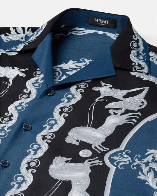 Versace Blue Pattern-Printed Short-Sleeved Shirt for men