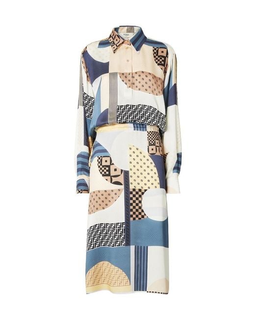 Fendi Blue Patchwork Printed Drawstring-Waist Midi Dress