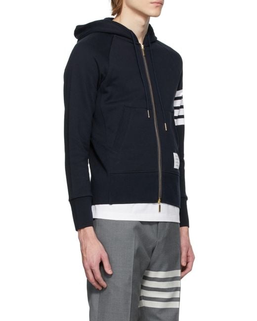 Thom Browne Blue Engineered 4-Bar Zip-Up Drawstring Hoodie for men