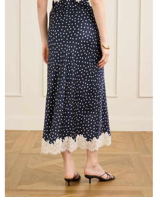 Rixo Blue Matilde Lace-Trimmed Polka-Dot Satin Midi Skirt