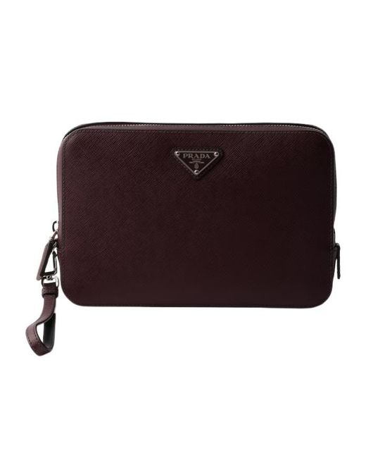 Prada Red Leather Logo-Plaque Clutch for men