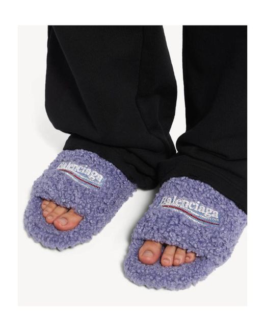 Balenciaga Purple Furry Logo Embroidered Sandals