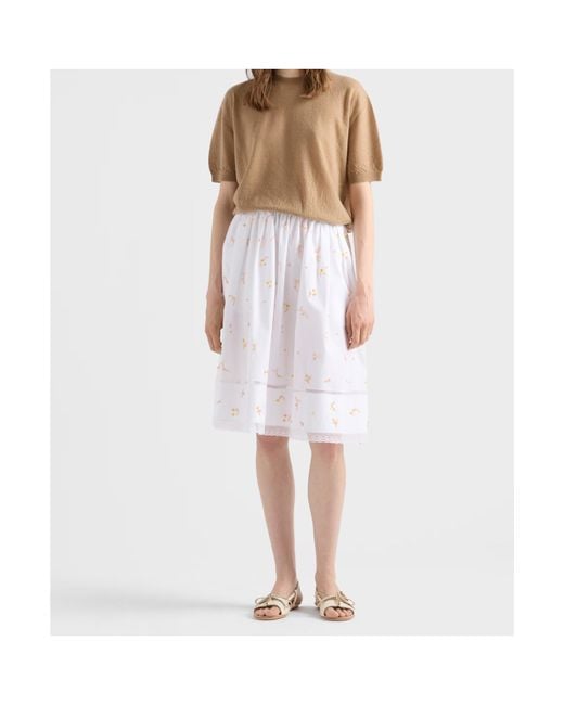 Prada White Embroidered Poplin Midi Skirt