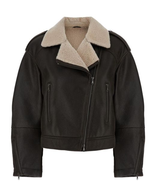 Brunello Cucinelli Black Shearling-Collar Cropped Biker Jacket