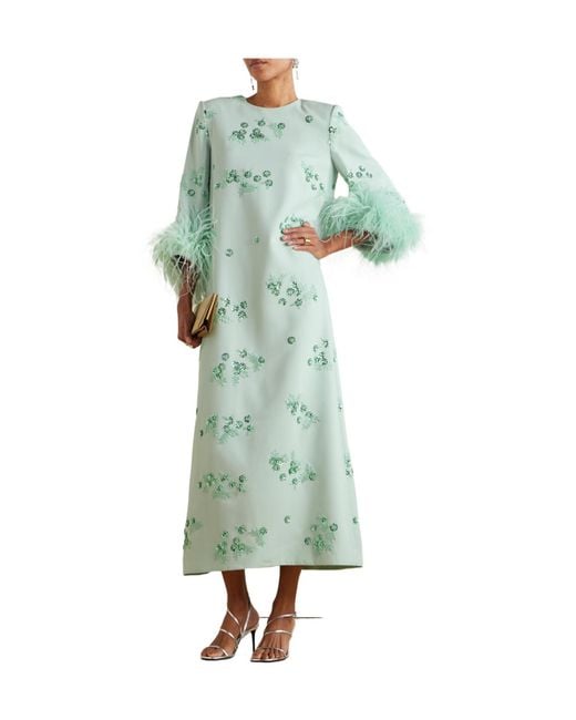 Huishan Zhang Green Elias Feather-Trimmed Embellished Recycled Crepe-Jersey Gown
