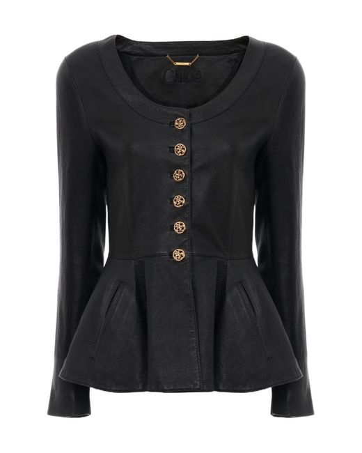 Chloé Black Button-Front Peplum Leather Jacket