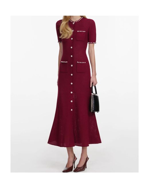 Self-Portrait Red Button-Up Knit Midi Dress