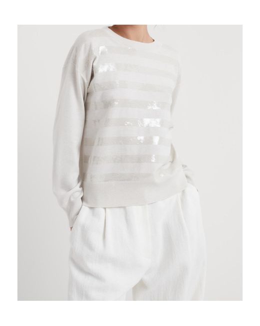 Brunello Cucinelli White Stripe Detailed Knitted Jumper