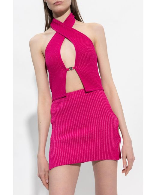 M I S B H V Pink Knitted Halter-Neck Crop Top