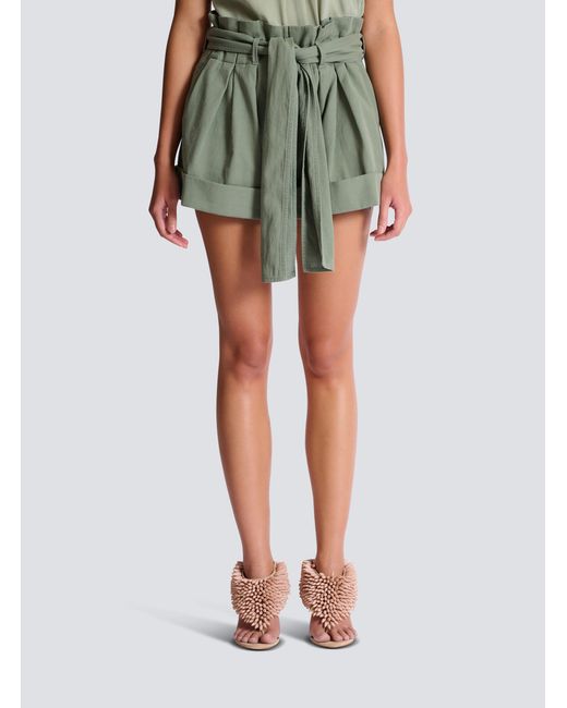 Balmain Gray Pleated Belted High-Waist Shorts