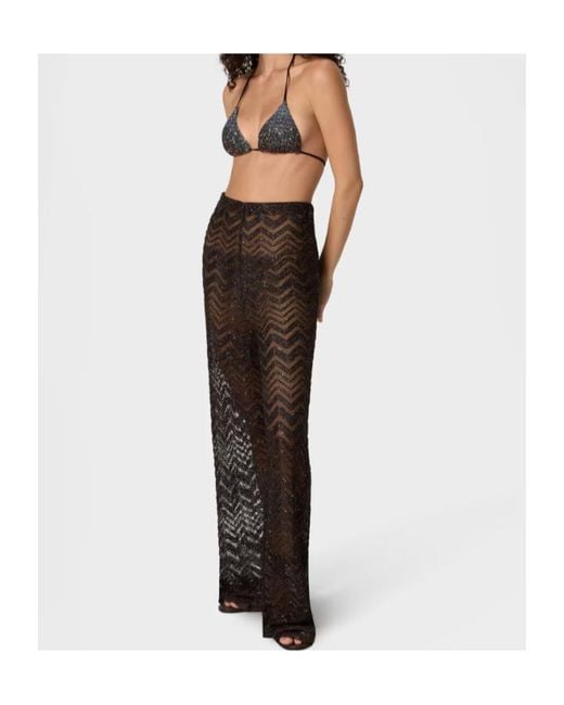 Missoni Brown Wide Fishnet Trousers With Zigzag Pattern And Sequins