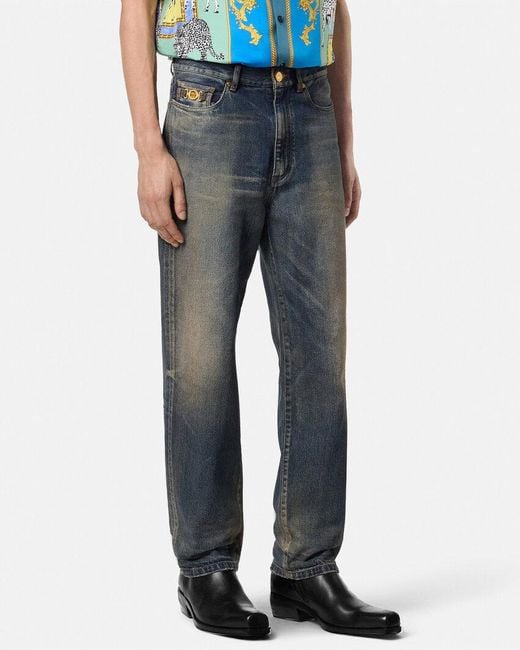 Versace Blue Logo-Plaque Cotton Jeans for men